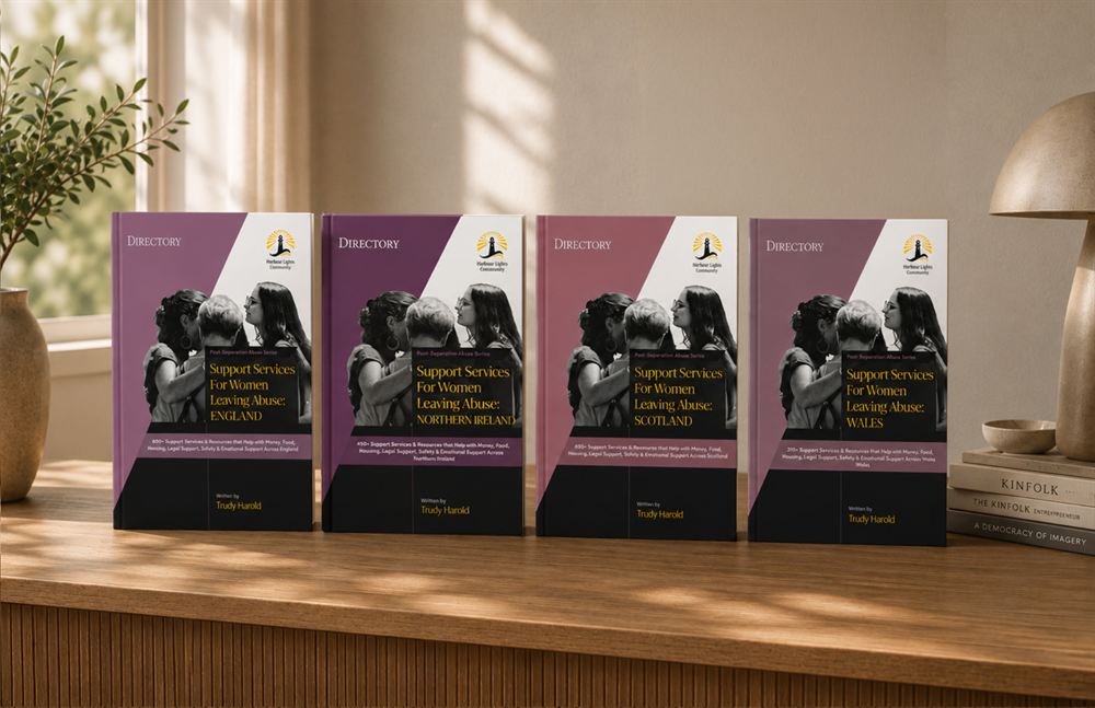 The four Harbour Lights Directory covers (England, Northern Ireland, Scotland and Wales) standing side by side on a shelf.