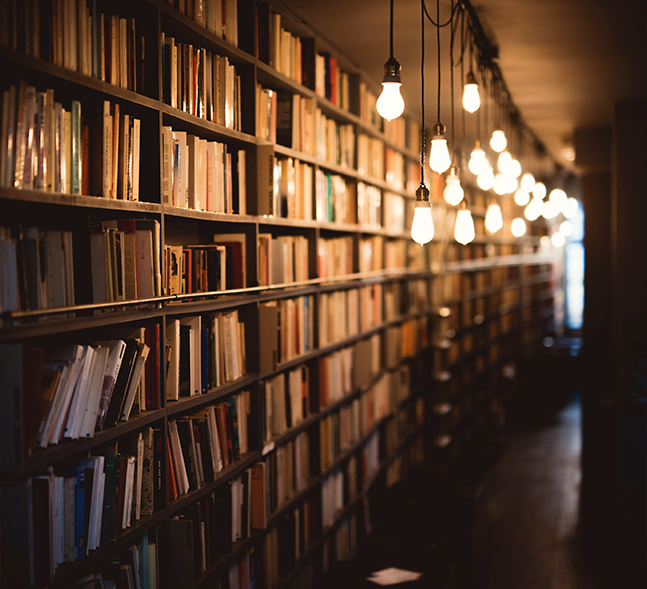 A long library corridor of bookshelves lit by a row of hanging bulb lights.