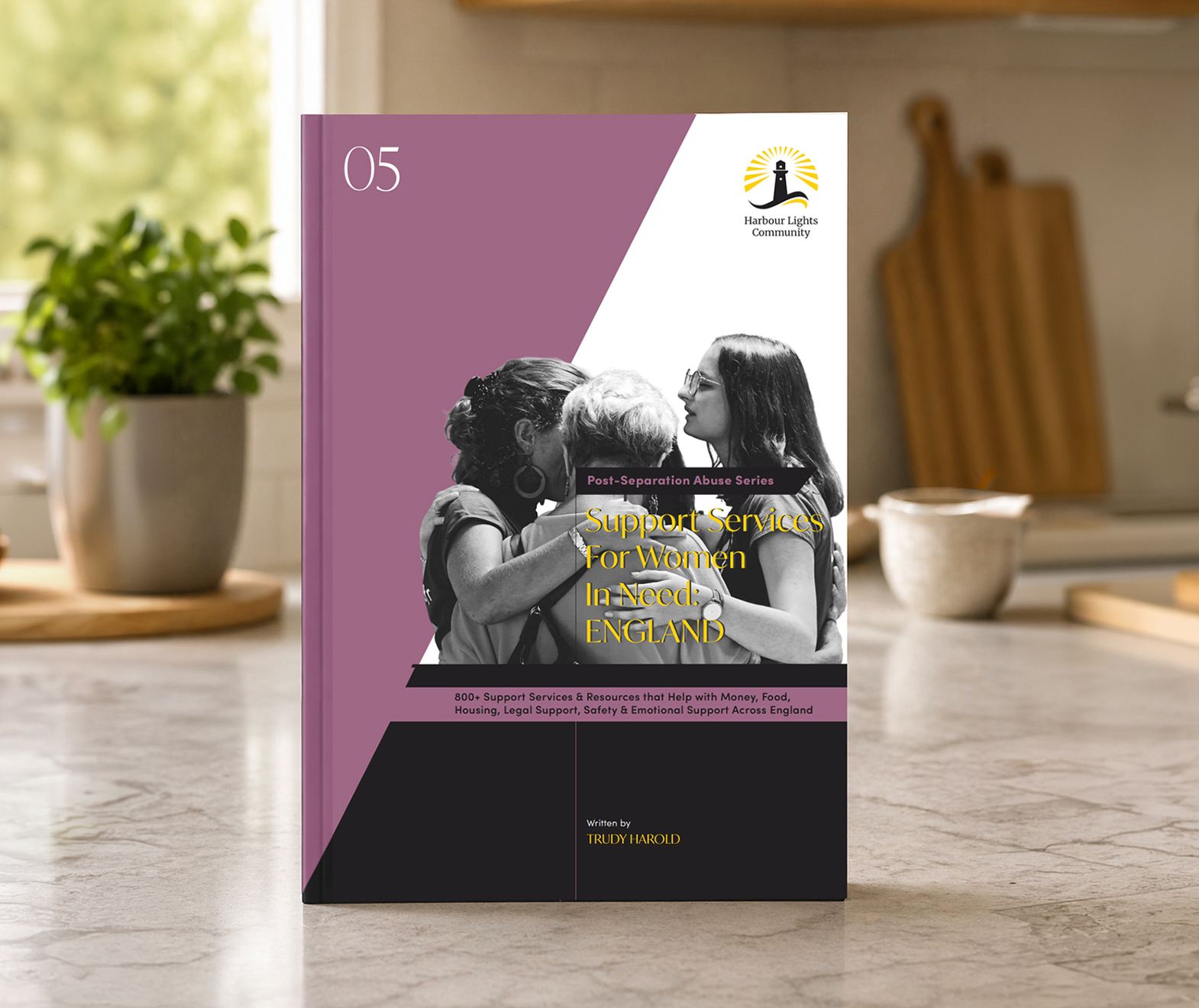 A copy of 'Support Services For Women In Need: England', the Harbour Lights Post-Separation Abuse Series directory, standing on a kitchen counter.