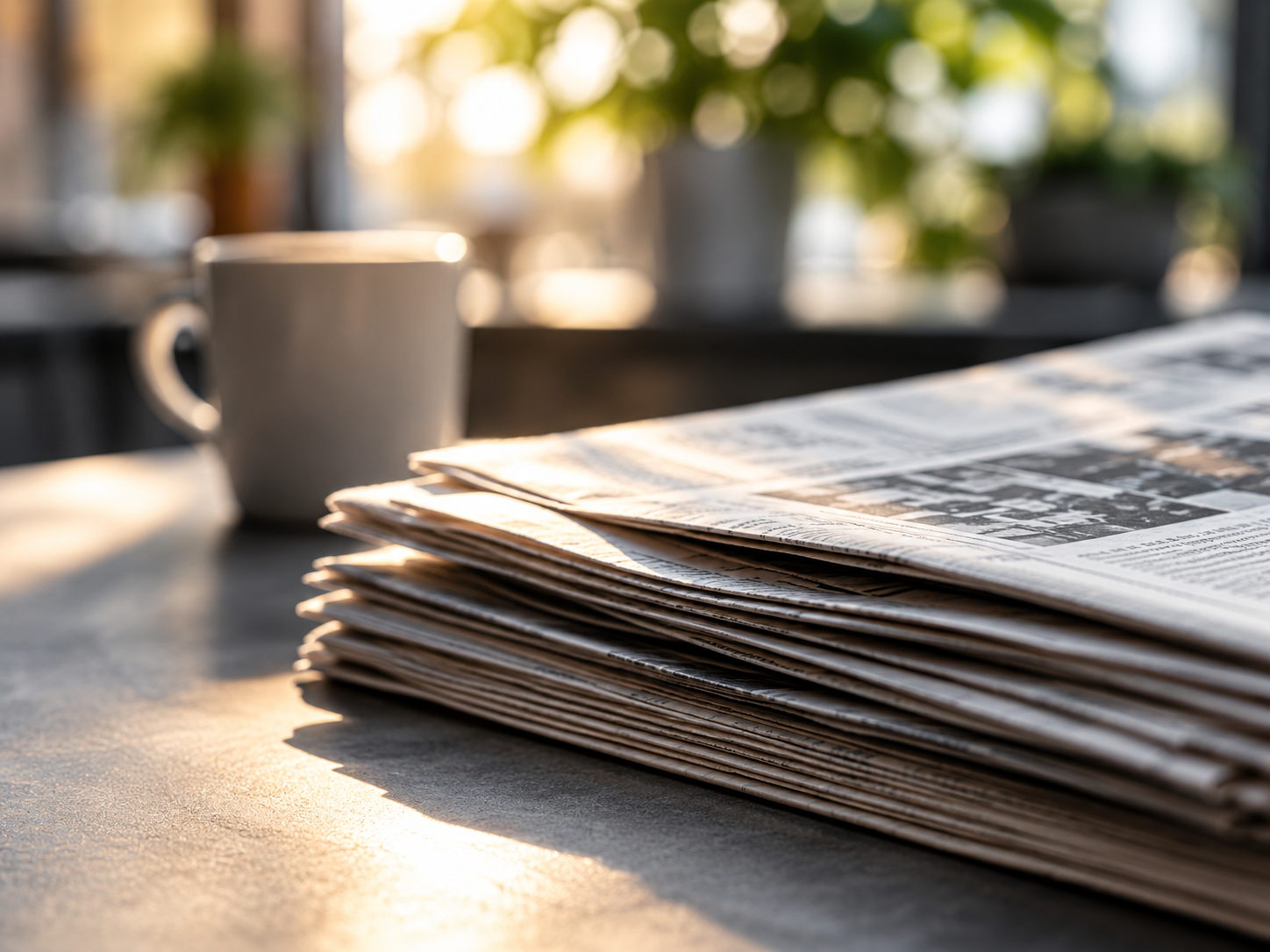 A mug of coffee beside a folded stack of newspapers on a table, morning light coming through a window behind.